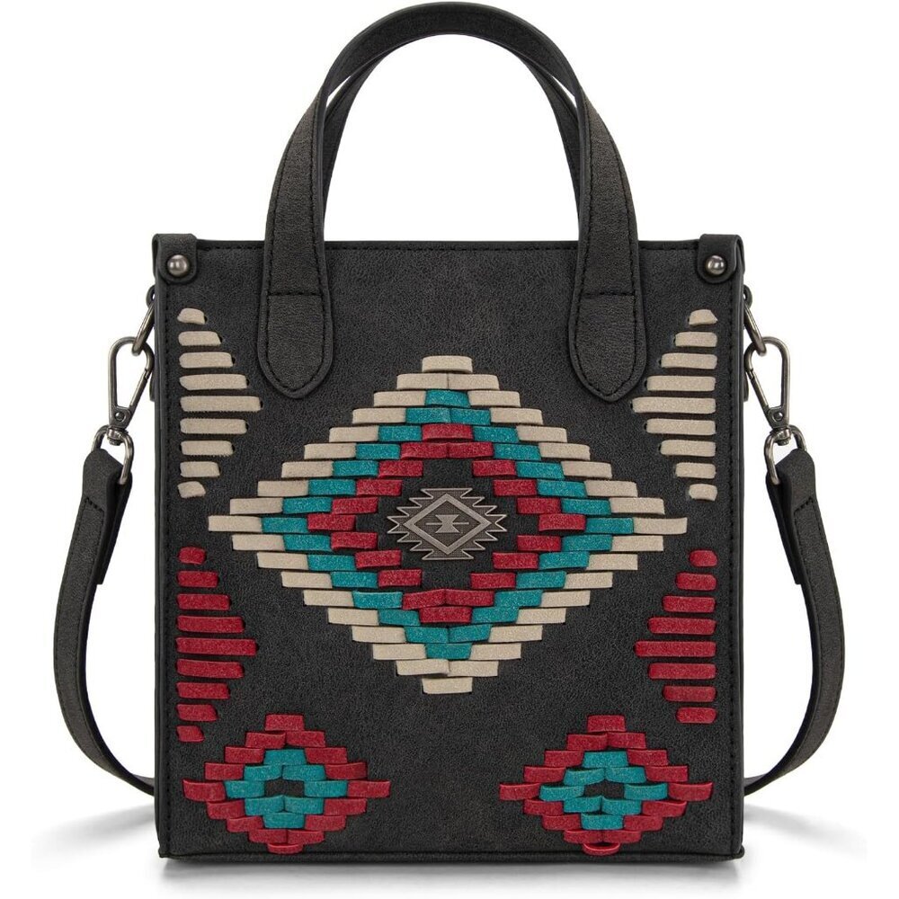 Women's Small Crossbody Bag Vegan Leather Aztec Pattern Zipper Closure
